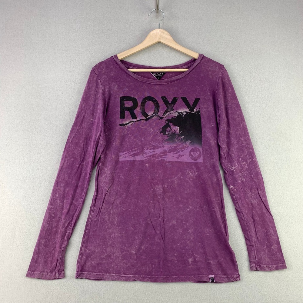 Roxy Surf Graphic T-Shirt Women M Purple Acid Wash Long Sleeve Cotton Tee Y2K